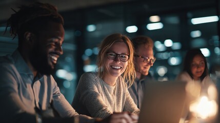 Happy colleagues working on computer
