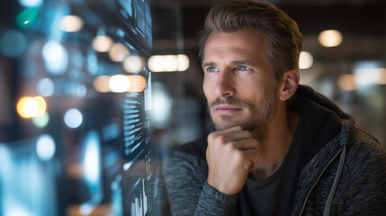 Focused defocused individual gazing at digital interface, surrounded by glowing data points, abstract technology visuals, innovation representation, futuristic analytics environment,