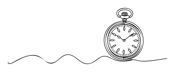 Simple oneline silhouette of a vintage pocket watch with an undulating continuous thread, suitable for conveying concepts of continuum, heritage, and punctuality across diverse media.