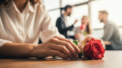 Woman holding red rose at office desk with colleagues in background — ideal for International Women’s Day, workplace celebration and female empowerment content