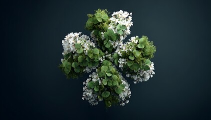 Abstract floral arrangement of white and green blossoms against a dark backdrop