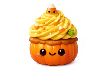 Cute halloween pumpkin cupcake character on transparent background, enjoying frosting and candy corn toppings, autumn season dessert