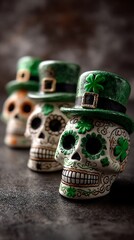 A row of decorated sugar skulls wearing festive green st patrick s day hats