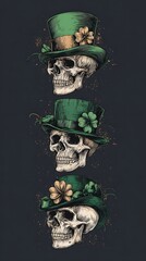 Stacked skulls adorned with green hats and floral embellishments on dark background