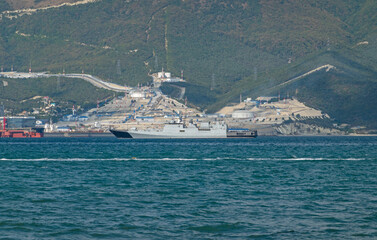 August 20, 2022: Military warship anchored in the Black Sea, Russia, representing naval presence, maritime security and military activity in open waters