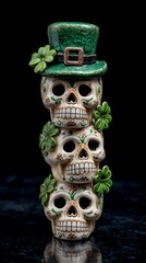 A stacked skull figure adorned with a leprechaun hat and shamrocks