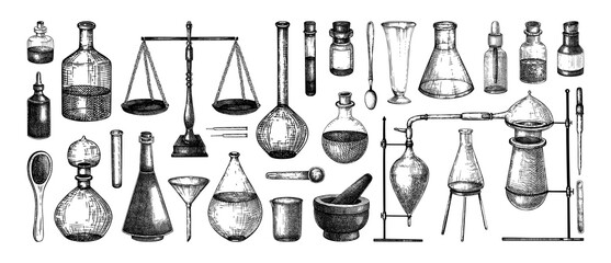 Vintage apothecary equipment set. Ancient laboratory glassware hand drawn vector illustration. Pharmacy tools sketches. NOT AI generated. 