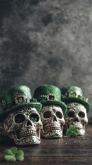 Festive skulls wearing green leprechaun hats with clovers for st patrick s day