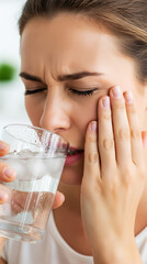 Young woman suffering from acute tooth sensitivity while drinking cold water