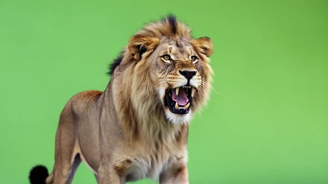A fierce lion roars loudly in front of a green screen for video content