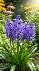Vibrant Bluebells in a Sunny Garden Setting.