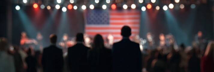 Audience in concert venue with american flag backdrop witnessing live performance