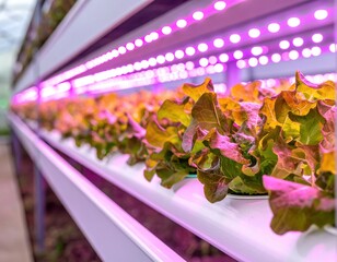  Rows Of Red Leaf Lettuce Growing Under Pink LED Lights In A Vertical Farm Hydroponic System With Water Droplets On Leaves