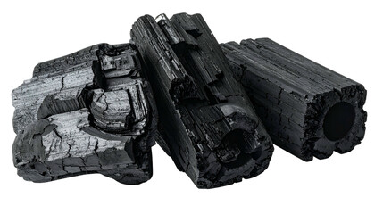 Close-up of several dark charcoal briquettes on a black background, with visible textures