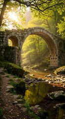 Ancient Stone Bridge in Lush Forest with Sunlight.