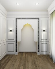 Elegant islamic interior modern classic, empty white panelling wall background, muslim prayer room.	Mosque arches. Mock up. 3D rendering