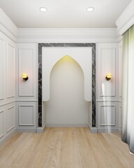 Elegant islamic interior modern classic, empty white panelling wall background, muslim prayer room.	Mosque arches. Mock up. 3D rendering