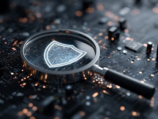 Close-up of magnifying glass over a glowing shield icon on a circuit board, blurred lights