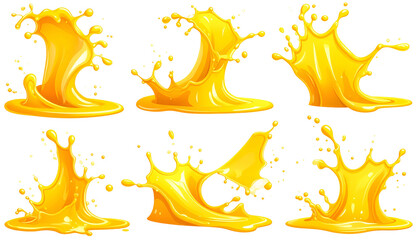 Six stylized cartoon liquid splashes, in a vibrant golden-yellow hue, with dark outlines
