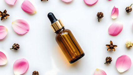 Amber glass dropper bottle with gold accent resting amidst delicate pink flower petals and natural botanical elements on a bright white surface for beauty product flat lay concept