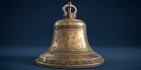 Magnificent antique bronze bell featuring ornate detailed geometric patterns and textured metallic surface standing against deep blue background