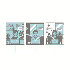 This vibrant flat 2D illustration shows three young professionals successfully collaborating remotely via a unified motion conference call, working simultaneously from a home office, modern desk, and 