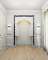 Elegant islamic interior modern classic, empty white panelling wall background, muslim prayer room.	Mosque arches. Mock up. 3D rendering