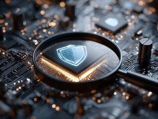 Macro shot of a computer chip with a shield symbol under a magnifying glass, lit up