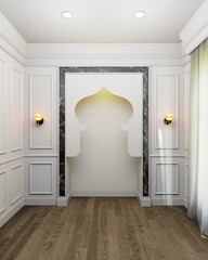 Elegant islamic interior modern classic, empty white panelling wall background, muslim prayer room.	Mosque arches. Mock up. 3D rendering