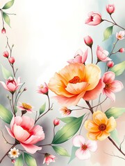 Floral watercolor design, delicate blossoms and leaves in soft, diffused brushstrokes, organic flow,  painting,  organic