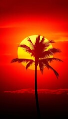 A lone coconut palm silhouetted against a fiery sunset sky, its iconic shape a symbol of tranquility and exotic destinations,  tranquil,  sunset