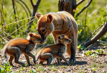 A mother animal teaches its young a crucial life skill like foraging or hunting, observed closely in the wild,  skill,  experience