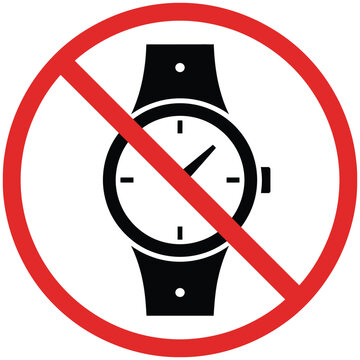 no watch icon showing prohibition of hand watches in flat vector style, ideal for warning signs, workplace safety, public instructions, and restricted zone indicators.