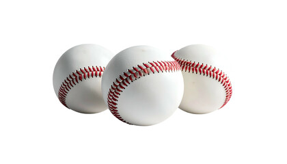 Three baseballs, white with red stitching, on black. Well lit. Soft focus