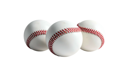 Three baseballs, white with red stitching, on black. Well lit. Soft focus