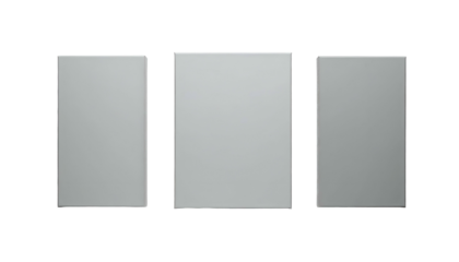 Three rectangular, metallic-like panels with curved edges, arranged horizontally against black