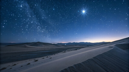 A breathtaking view of vast desert dunes under a brilliant starry night sky, illuminated by a prominent bright star, creating a serene and mystical atmosphere.