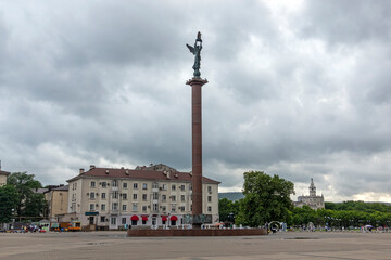 August 22 2025 Square with a memorial stele in front of the Marine Terminal in Novorossiysk Russia on the Black Sea coast. Urban public space and maritime landmark