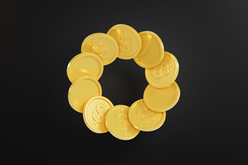 Golden Coins Circle on Black Background