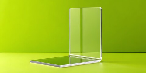 Clear acrylic plastic l shaped display stand holder for signage or photography props on bright lime green surface and backdrop