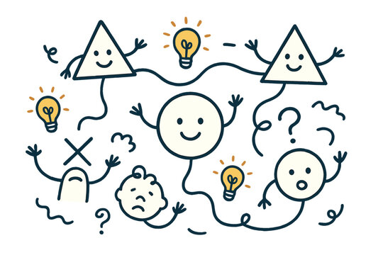 Cute Doodle Fallacy Chart. Cute doodle fallacy chart with smiling triangles and circles, cartoon symbols representing errors