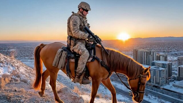 Warrior on Horseback: A rugged warrior, astride a majestic horse, surveys the urban landscape from a strategic vantage point, framed against the dramatic backdrop of a sunrise.