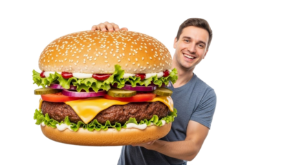 Man excitedly holding a giant cheeseburger with two beef patties