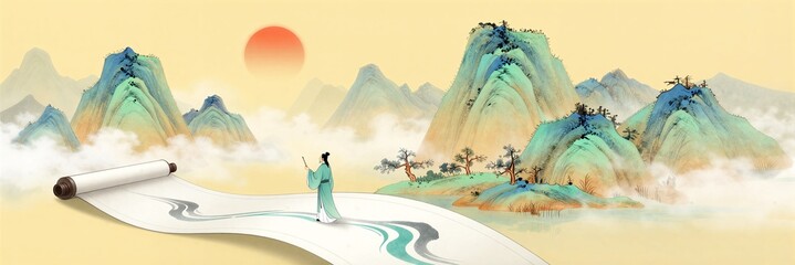 Ancient style literati landscape scroll