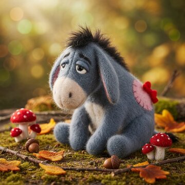 Melancholic Eeyore plush toy, an illustration for the fairy tale "Winnie the Pooh and Christopher Robin", sitting on a mossy forest floor.