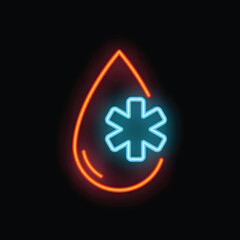 Obraz premium Glowing neon icon representing the concept of blood donation, with a bright red blood drop and a blue medical symbol