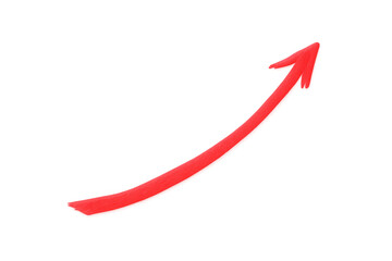 Red curved arrow pointing up, symbolizing business growth, economic recovery, increasing profit, and positive trend progress