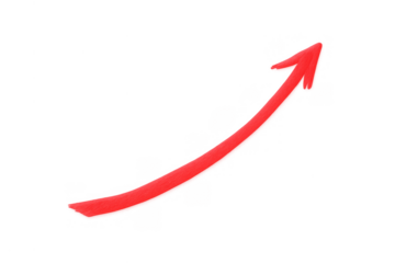 Red curved arrow pointing up, symbolizing business growth, economic recovery, increasing profit, and positive trend progress