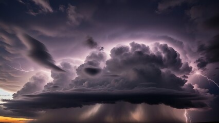 Dramatic stormy sky with lightning and dark clouds at sunset