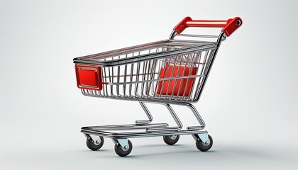shiny metal shopping cart with red handle isolated on a white background perfect for retail grocery and consumerism concepts